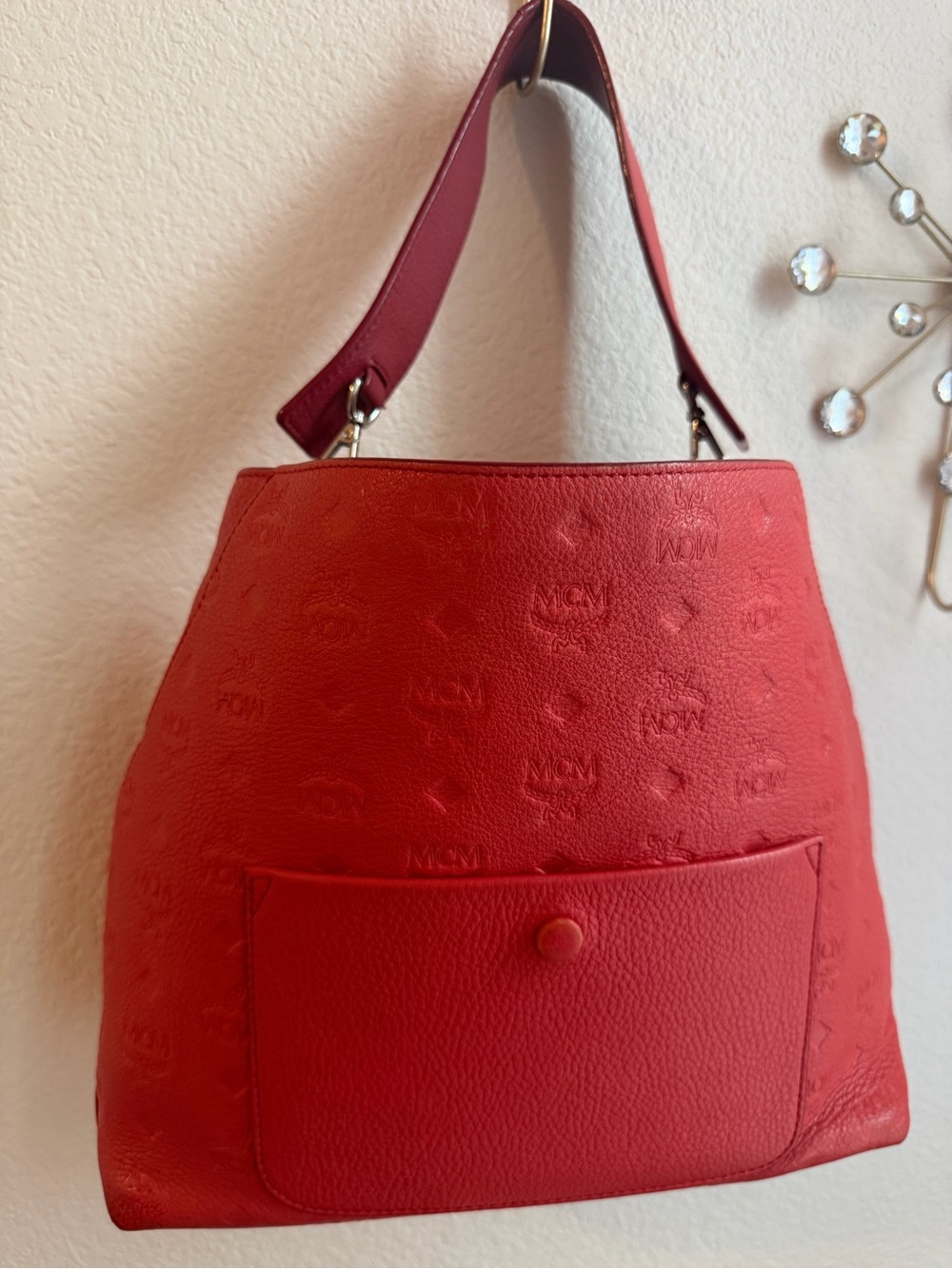 MCM Red Embossed Leather Shoulder Hobo